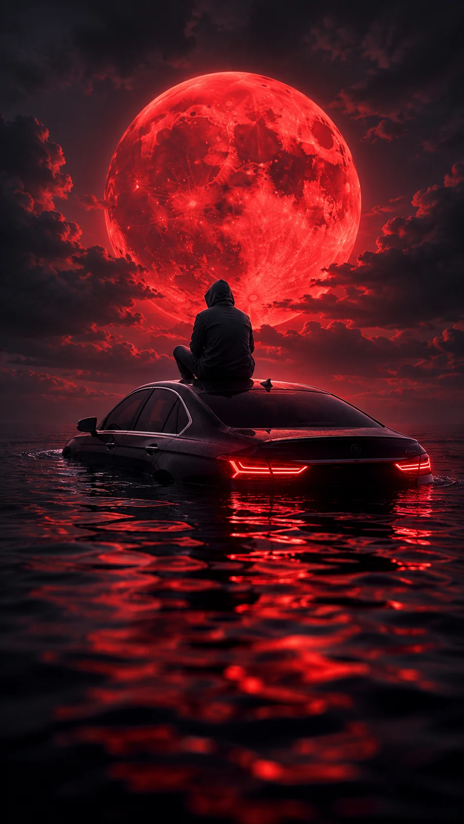 Hooded silhouette sitting on a submerged sedan beneath a giant glowing crimson lunar orb at night.