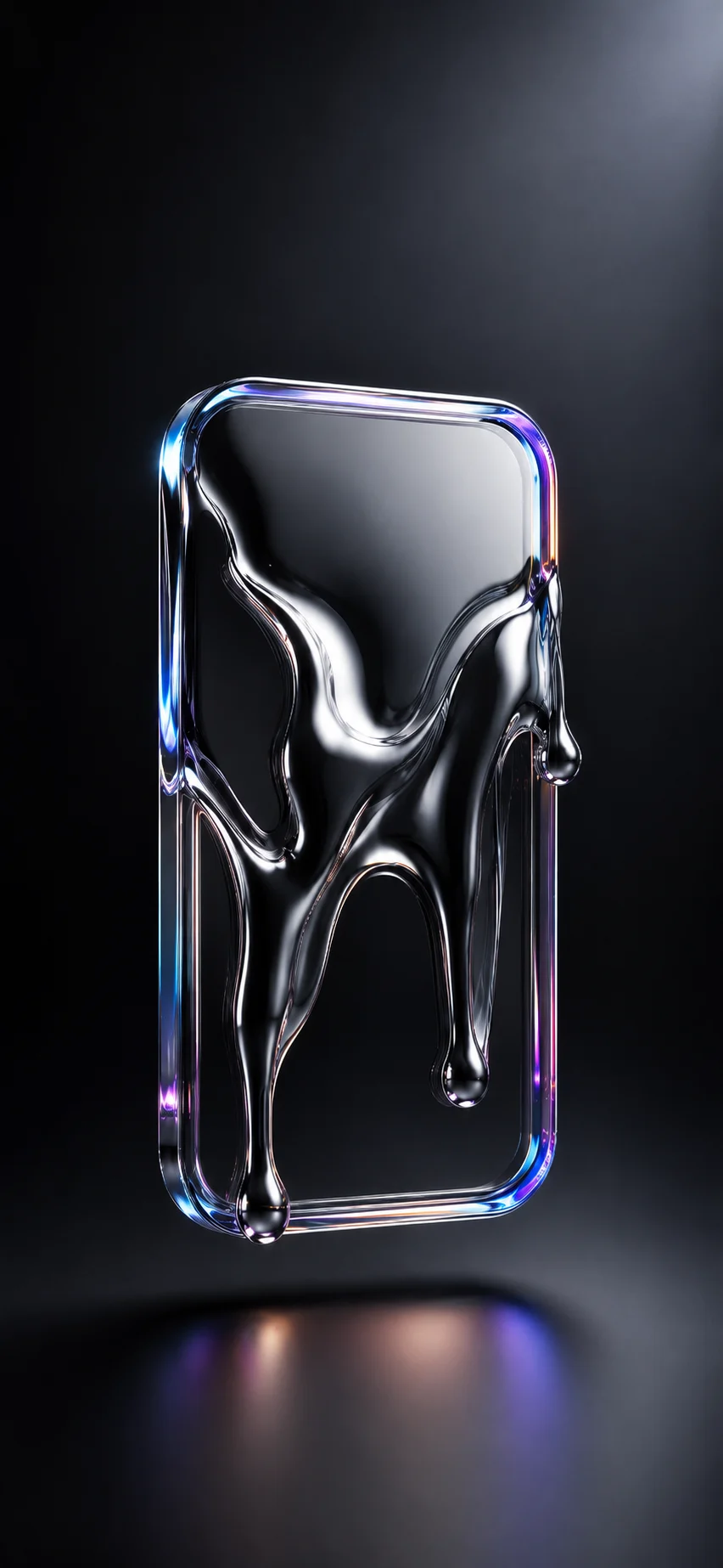 A transparent rounded glass rectangle with liquid chrome dripping over it, iridescent edge highlights, on a dark gradient studio background.
