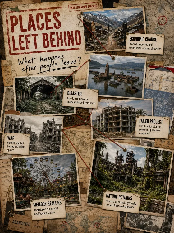 Educational abandoned-places dossier showing a mining town, railway station, flooded village, unfinished hotel, amusement park, and overgrown industrial complex.