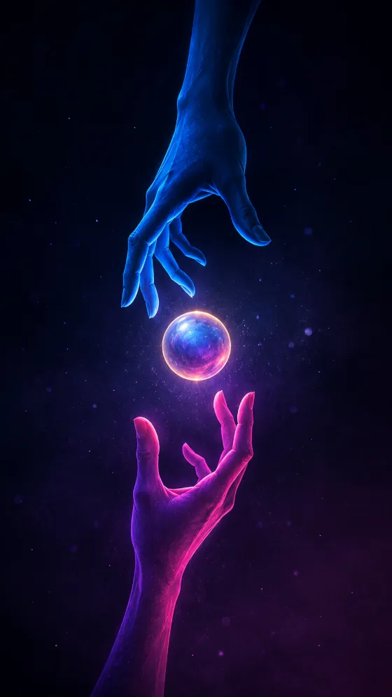 Stylized blue and reaching toward a glowing iridescent sphere in a dark violet atmosphere.