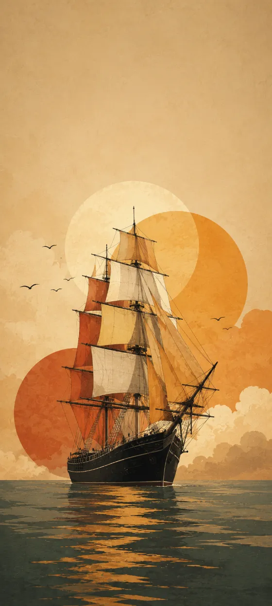 Stylized black sailing ship on calm water with layered warm sails, abstract sunset circles, birds, and a textured cream sky.