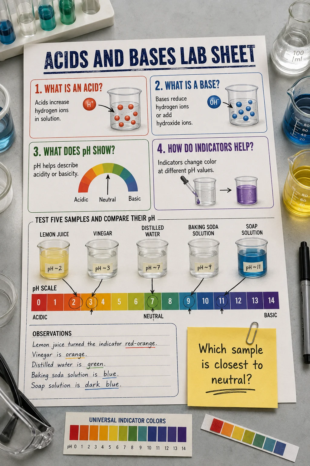 Educational acids and bases lab sheet with lemon juice, vinegar, water, baking soda, soap, a pH scale, indicator colors, and a yellow question note.