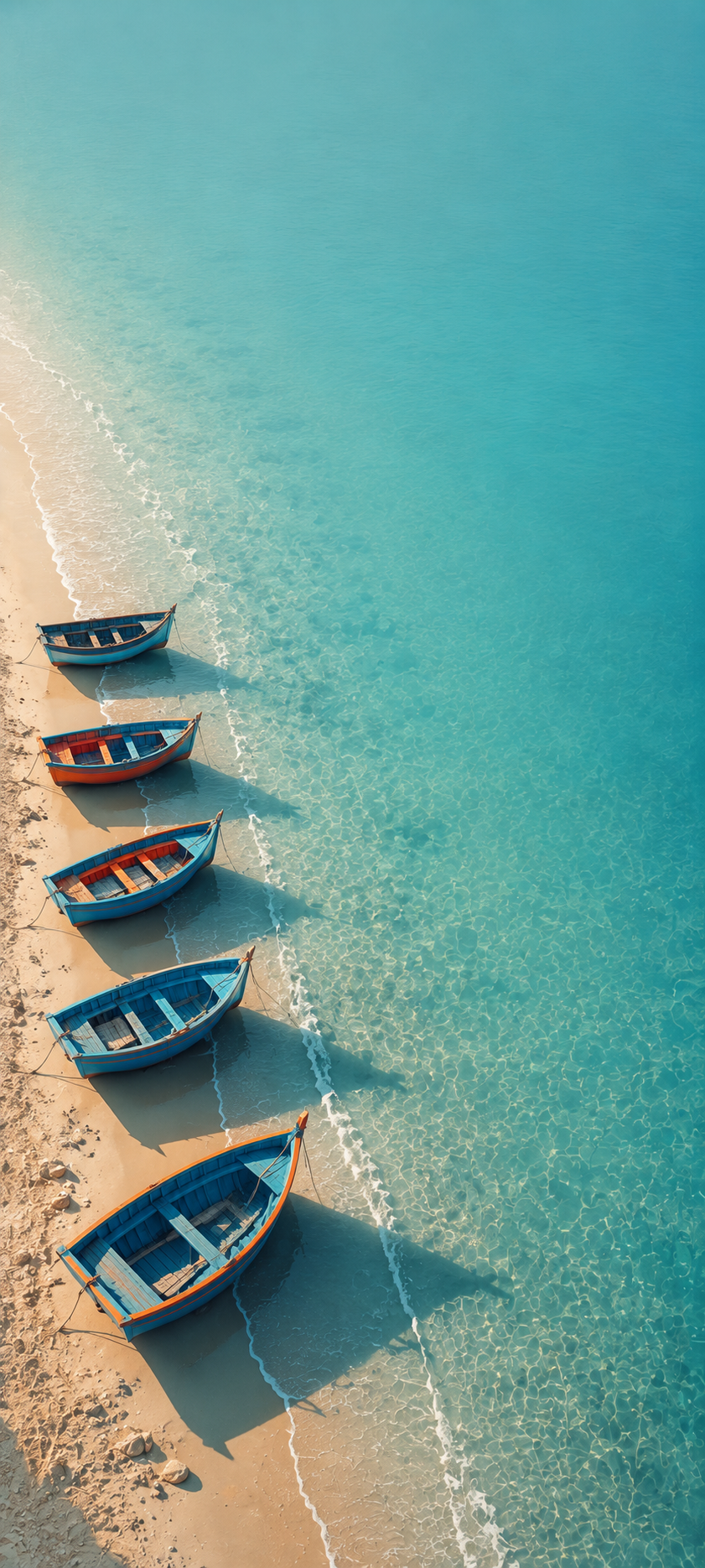 Top-down coastal wallpaper showing blue and orange wooden boats on a sandy beach beside clear turquoise water and long shadows.
