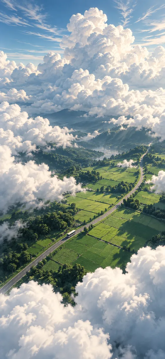 Small bus traveling along a diagonal road through green fields surrounded by enormous white clouds.