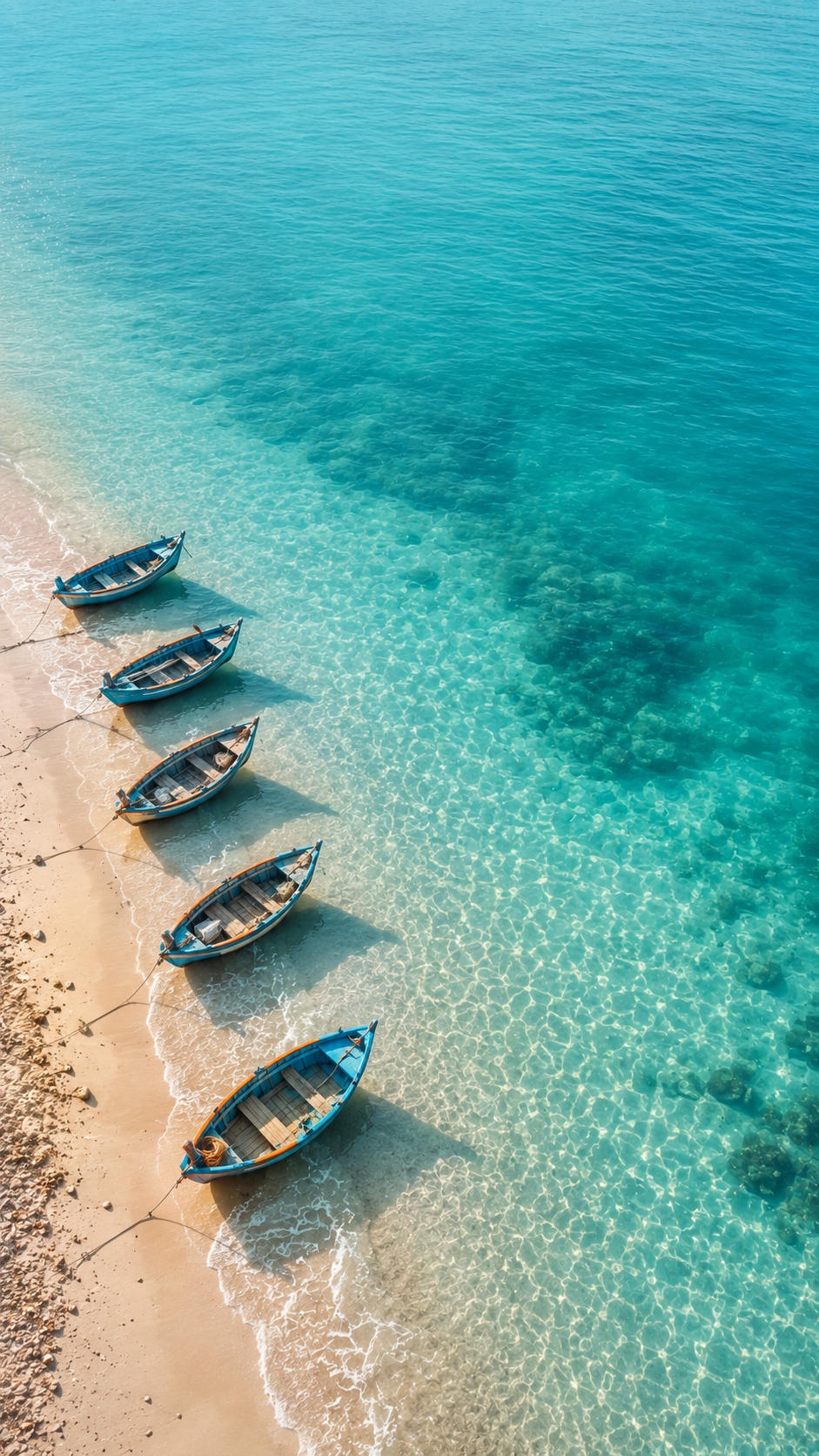 Top-down aerial view of five blue wooden boats resting along a sandy beach beside clear turquoise water with white foam and sunlit ripple patterns.
