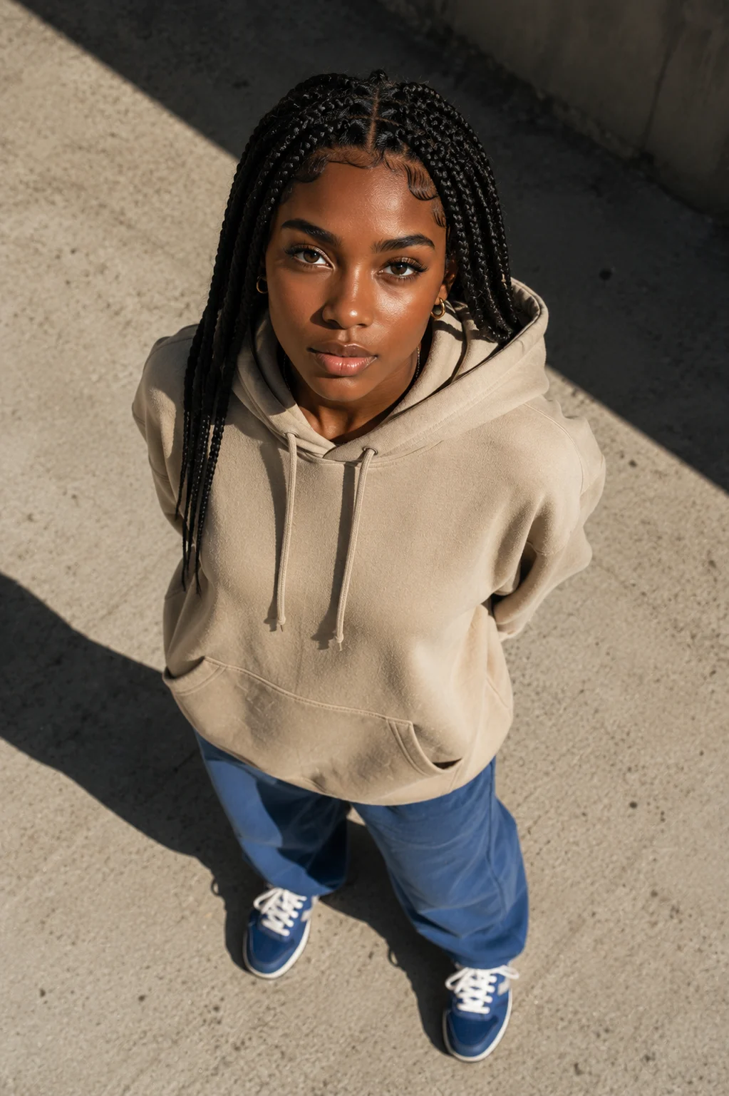 Overhead street-fashion portrait of a young Afro-Caribbean fashion subject wearing a beige hoodie, blue trousers, and blue sneakers in a minimal sunlit setting.