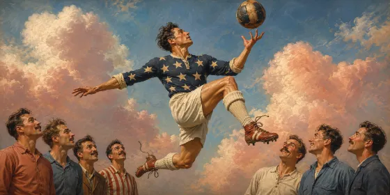 Surreal vintage football scene with an airborne player, weathered ball, pink clouds, and spectators gathered along the lower frame.