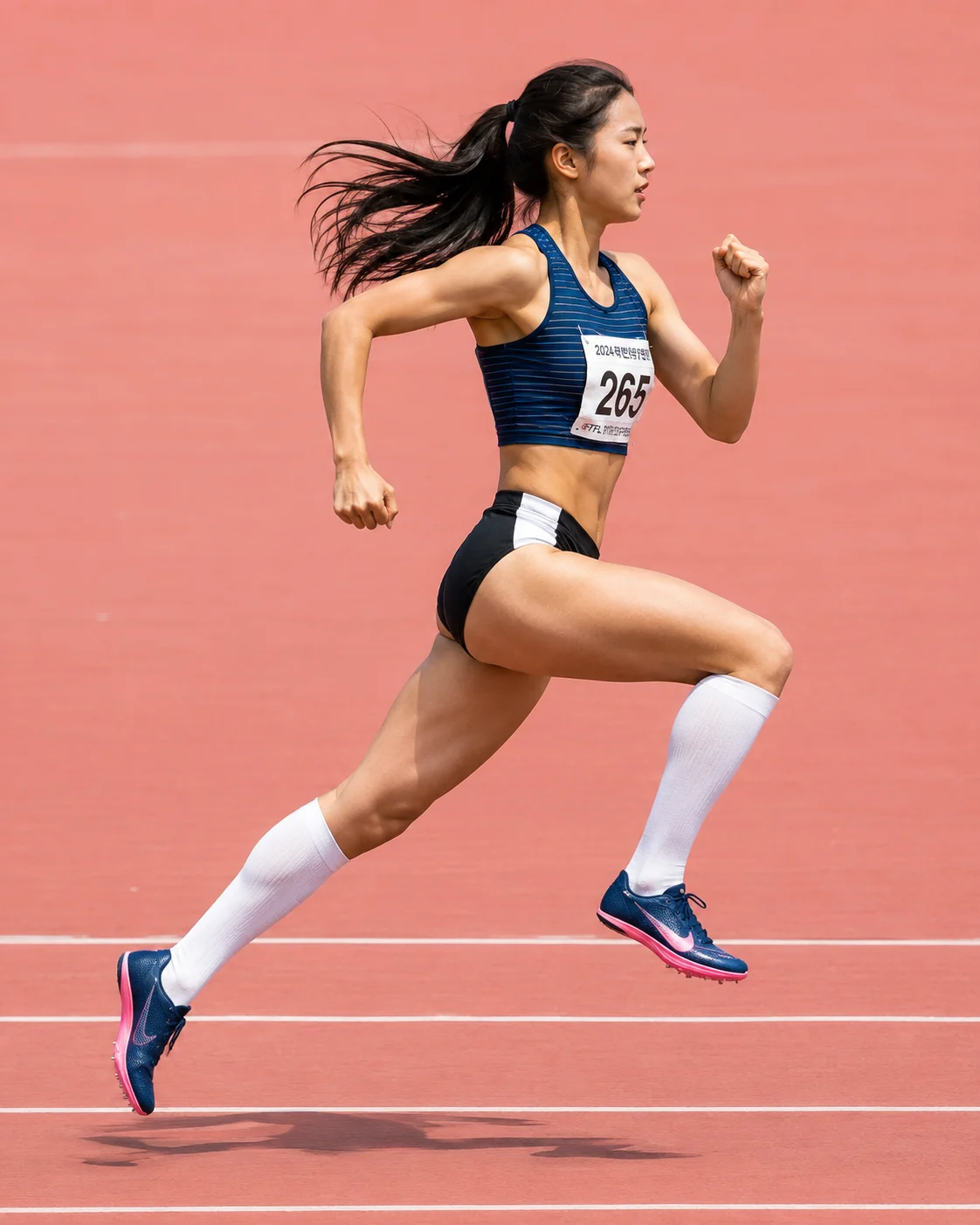 Side-profile action photograph of a female runner airborne during a sprint, with a high leading knee, extended rear leg and coral-pink track background.