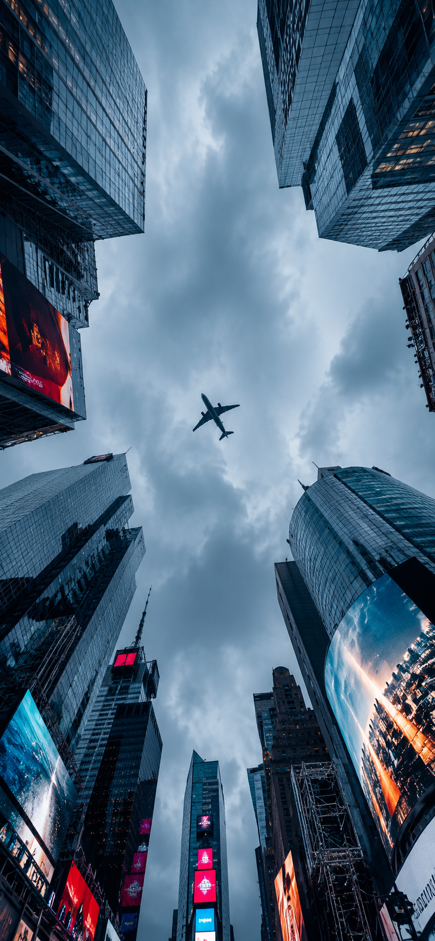 Passenger airplane flying between tall downtown skyscrapers beneath a cloudy blue-gray sky.