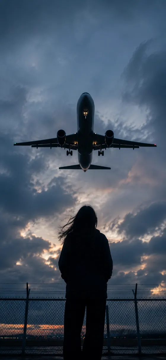 Low-flying passenger airplane overhead above an anonymous silhouetted woman near an airport fence.