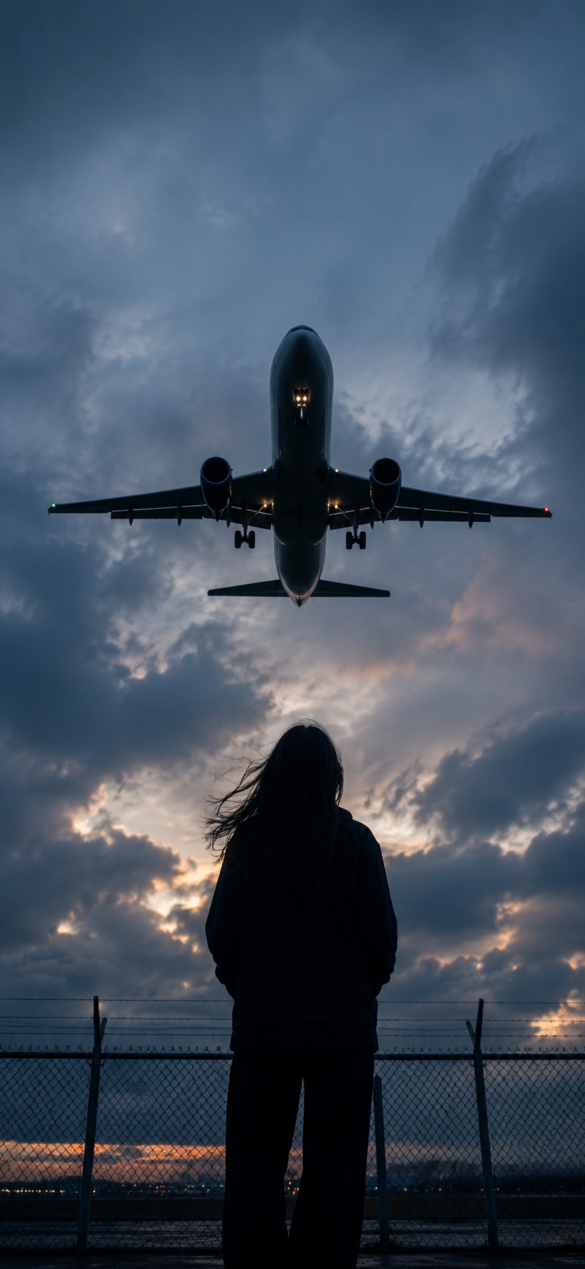 Low-flying passenger airplane overhead above an anonymous silhouetted woman near an airport fence.