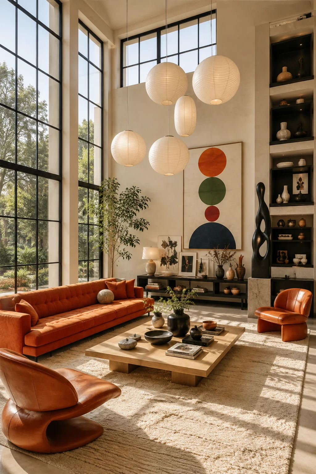 Contemporary living room with orange sofa, sculptural lounge chairs, globe pendant lights, abstract art, and tall windows.