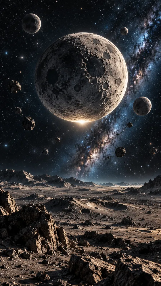 Giant Moon Over Alien Terrain Wallpaper for phone wallpaper