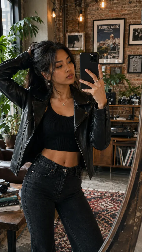 Woman in all-black streetwear takes a mirror selfie, one arm raised to gather her hair, inside a warm loft with exposed brick, hanging bulbs, houseplants, vintage cameras, and a record cabinet.