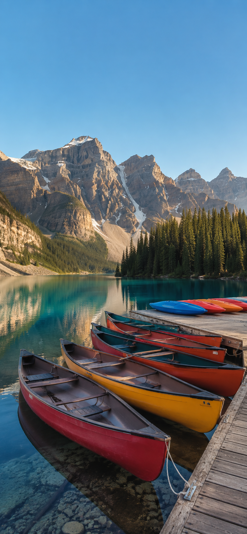 Colorful canoes on a turquoise alpine lake with evergreen forest and sunlit rocky mountains under a blue sky.