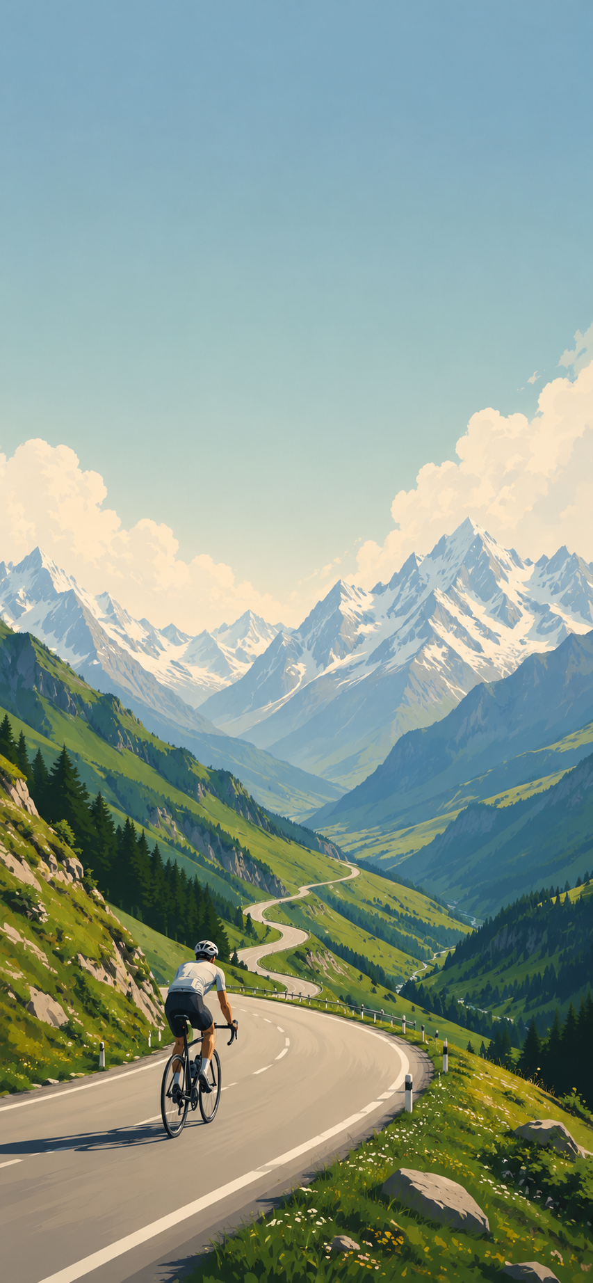 Illustrated cyclist descending a winding alpine surrounded by green valleys and snow-covered mountains.