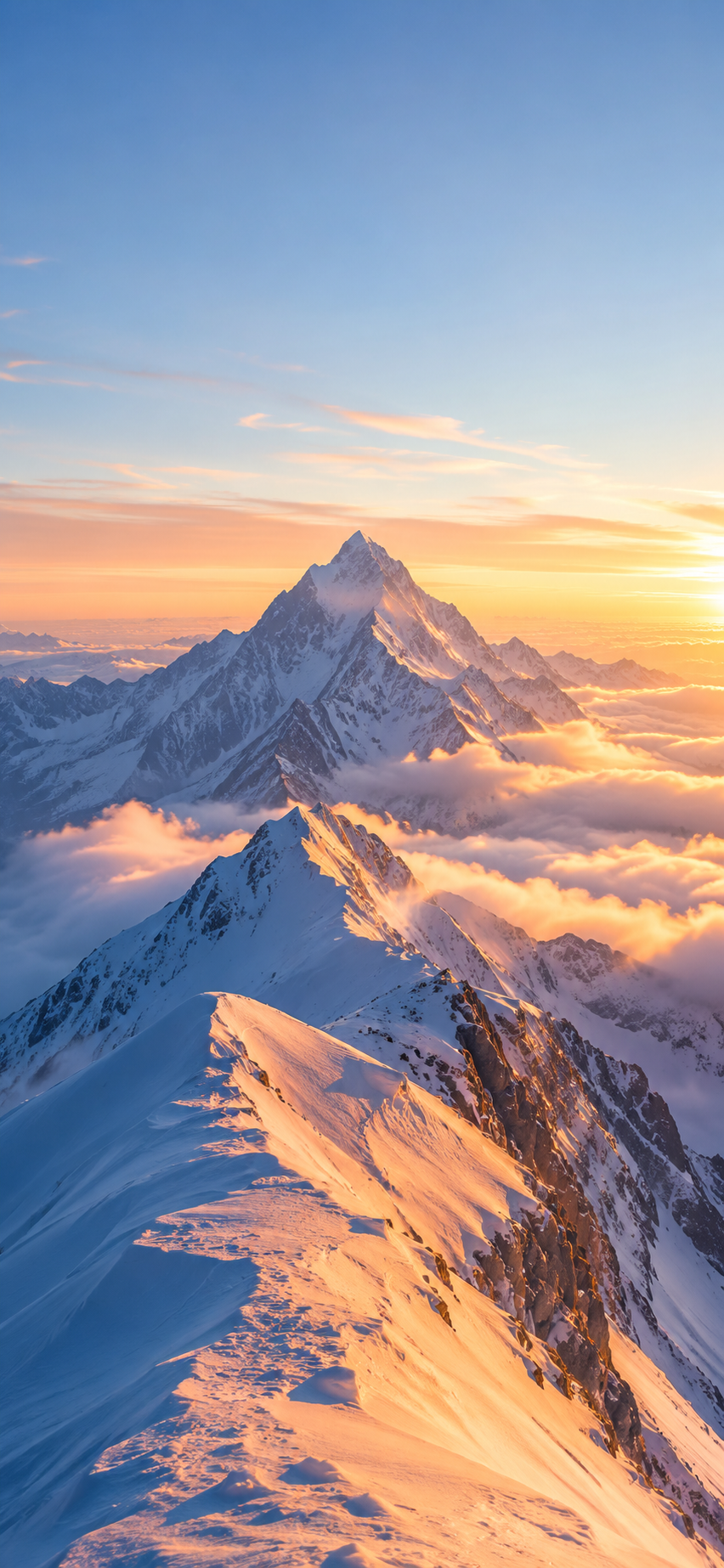 Snowy alpine mountain peak at sunrise with golden clouds, blue shadows, and foreground ridges in an iPhone wallpaper.