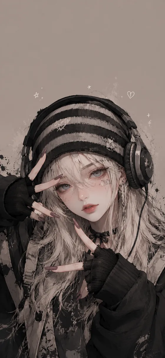 Close-up anime-style blonde woman with gray-blue eyes, striped beanie, headphones, fingerless gloves, and mauve nails on a taupe background.
