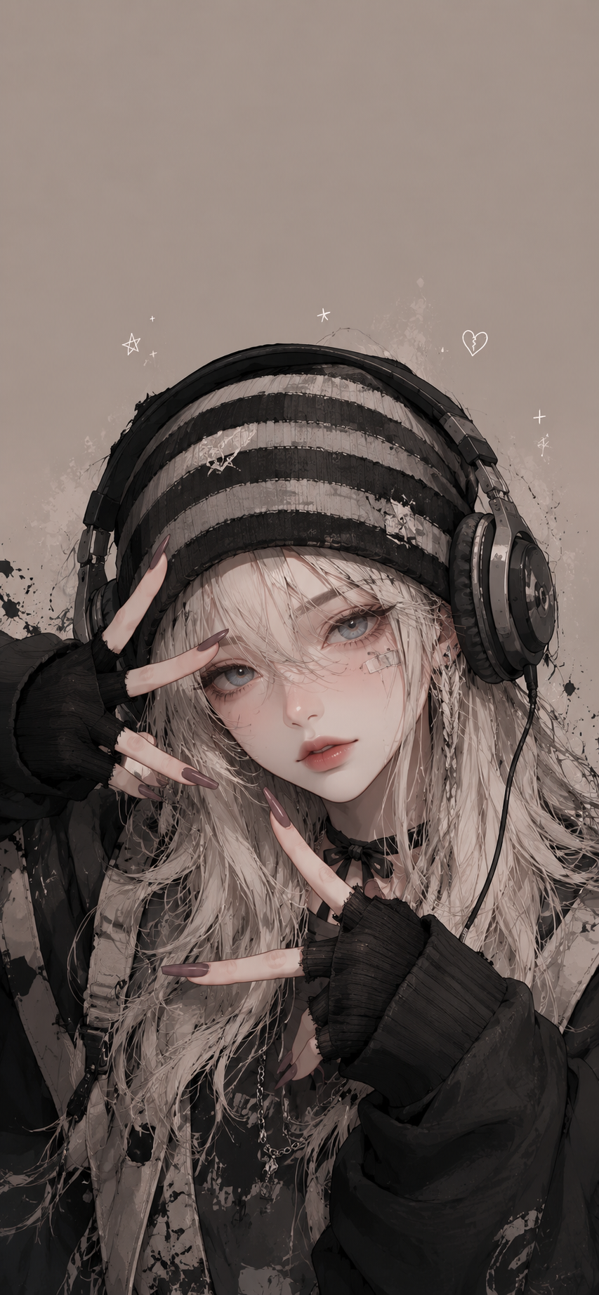 Close-up anime-style blonde woman with gray-blue eyes, striped beanie, headphones, fingerless gloves, and mauve nails on a taupe background.