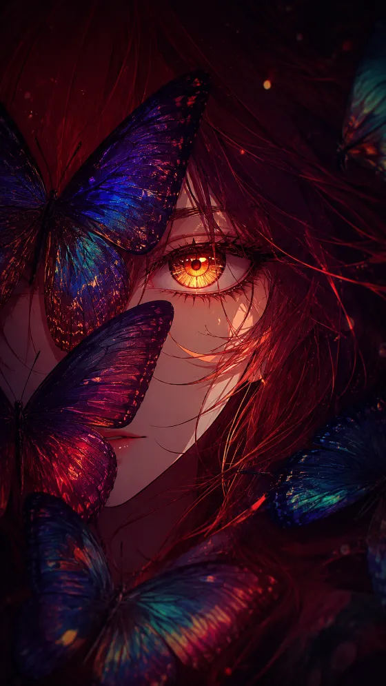 Anime-style red-haired woman with a glowing amber eye surrounded by colorful iridescent butterflies.