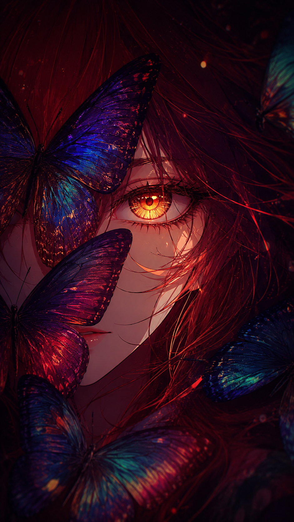 Anime-style red-haired woman with a glowing amber eye surrounded by colorful iridescent butterflies.