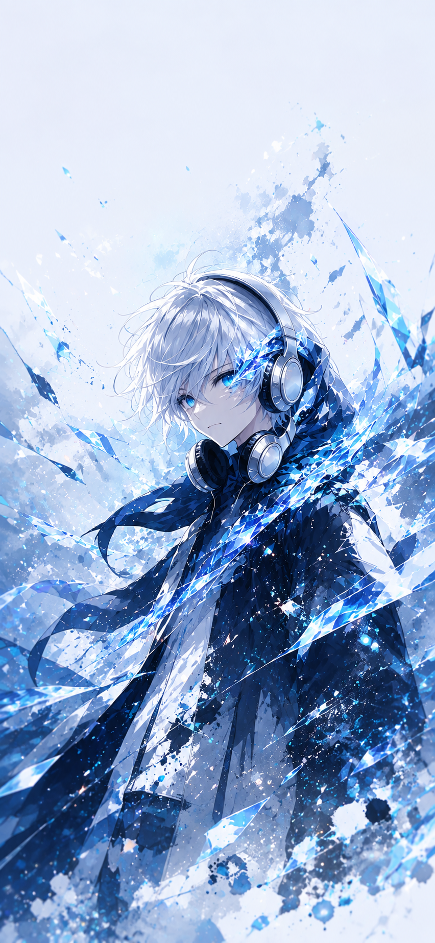 White-haired anime character wearing headphones surrounded by glowing blue crystal shards and cyan energy against a dark navy background