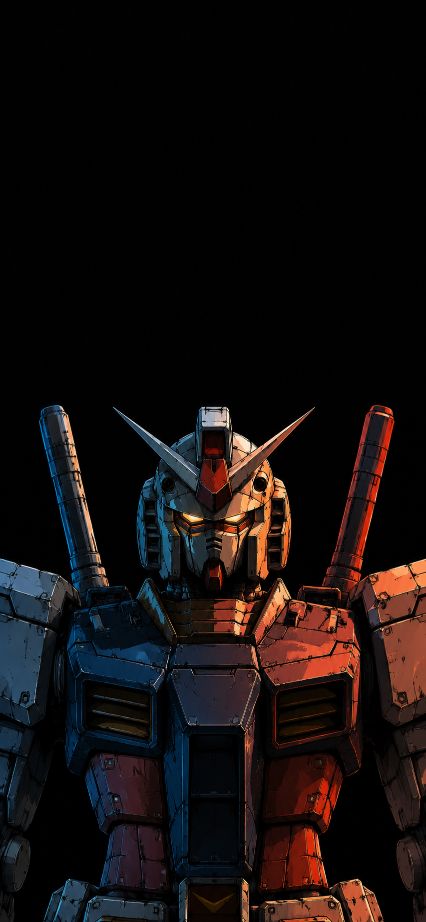 Minimal retro humanoid mecha illuminated by blue and red cinematic lighting against a black background.