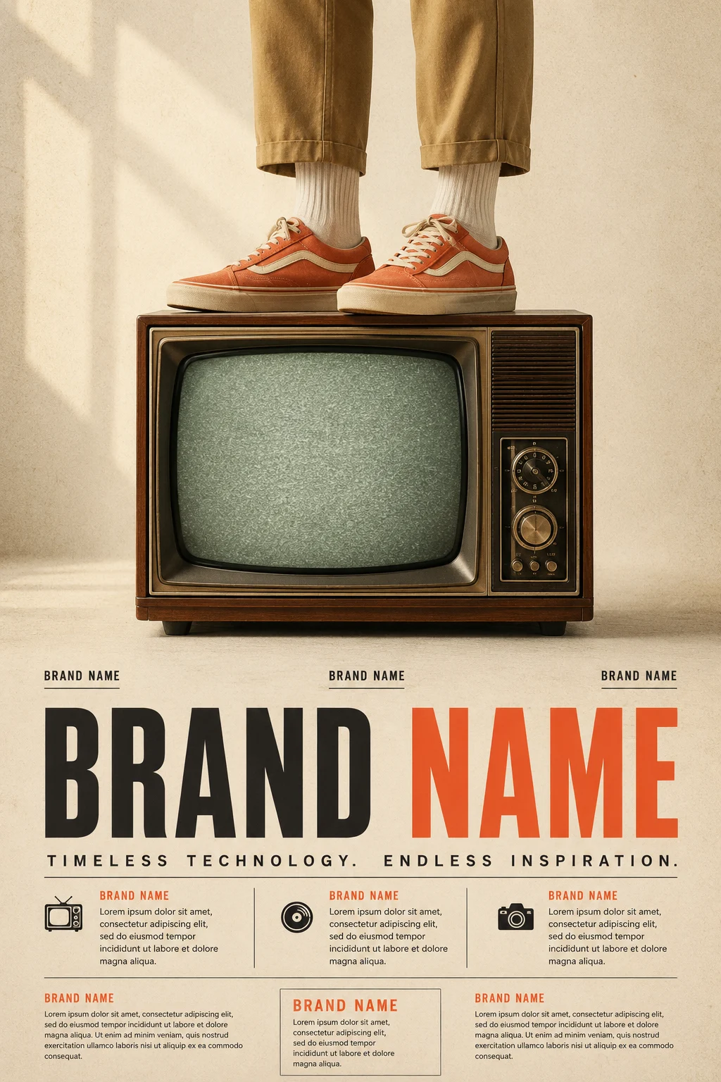 Editorial poster featuring a vintage CRT television with wood cabinet, glowing green screen, and coral retro sneakers on top in a warm minimal studio.