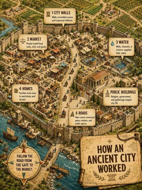 Educational isometric ancient city map with six parchment labels, a compass discovery task, and a broad historical city layout.