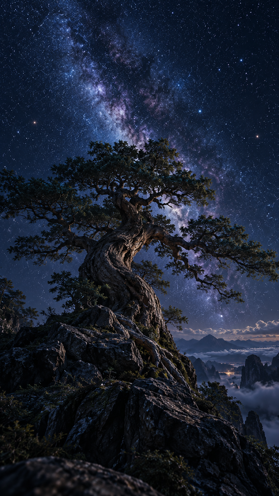 Massive twisted ancient tree silhouetted against a dense star-filled midnight sky above dark rocky terrain.