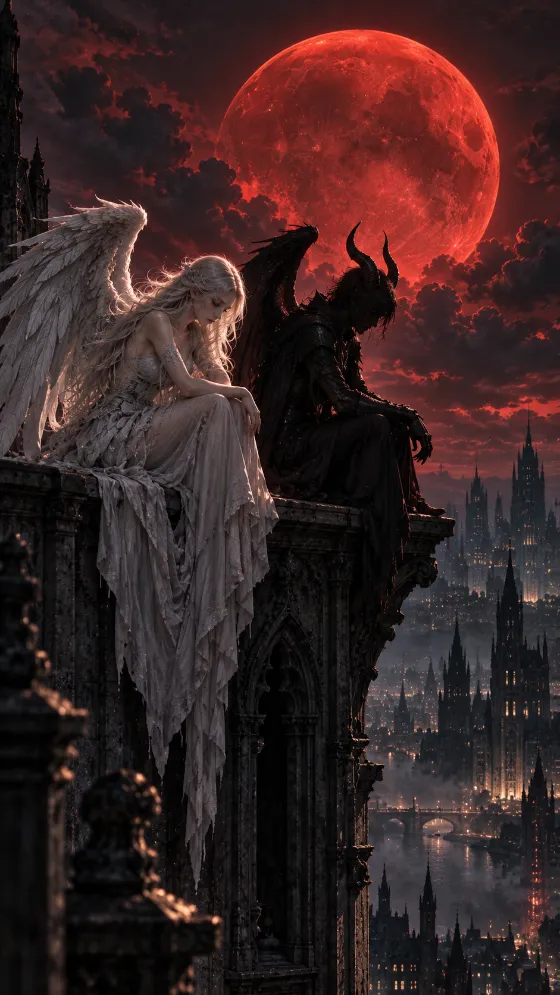 Dark gothic phone wallpaper showing a pale winged angel and horned demon sitting together on a rooftop beneath a huge red full moon.