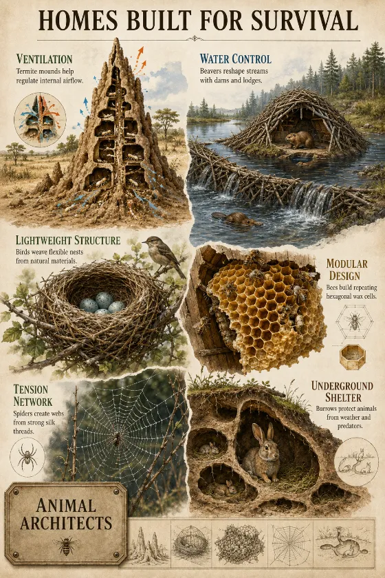 Museum-style educational poster comparing six animal homes with parchment textures, cutaways, and labels for ventilation, water control, structure, and shelter.