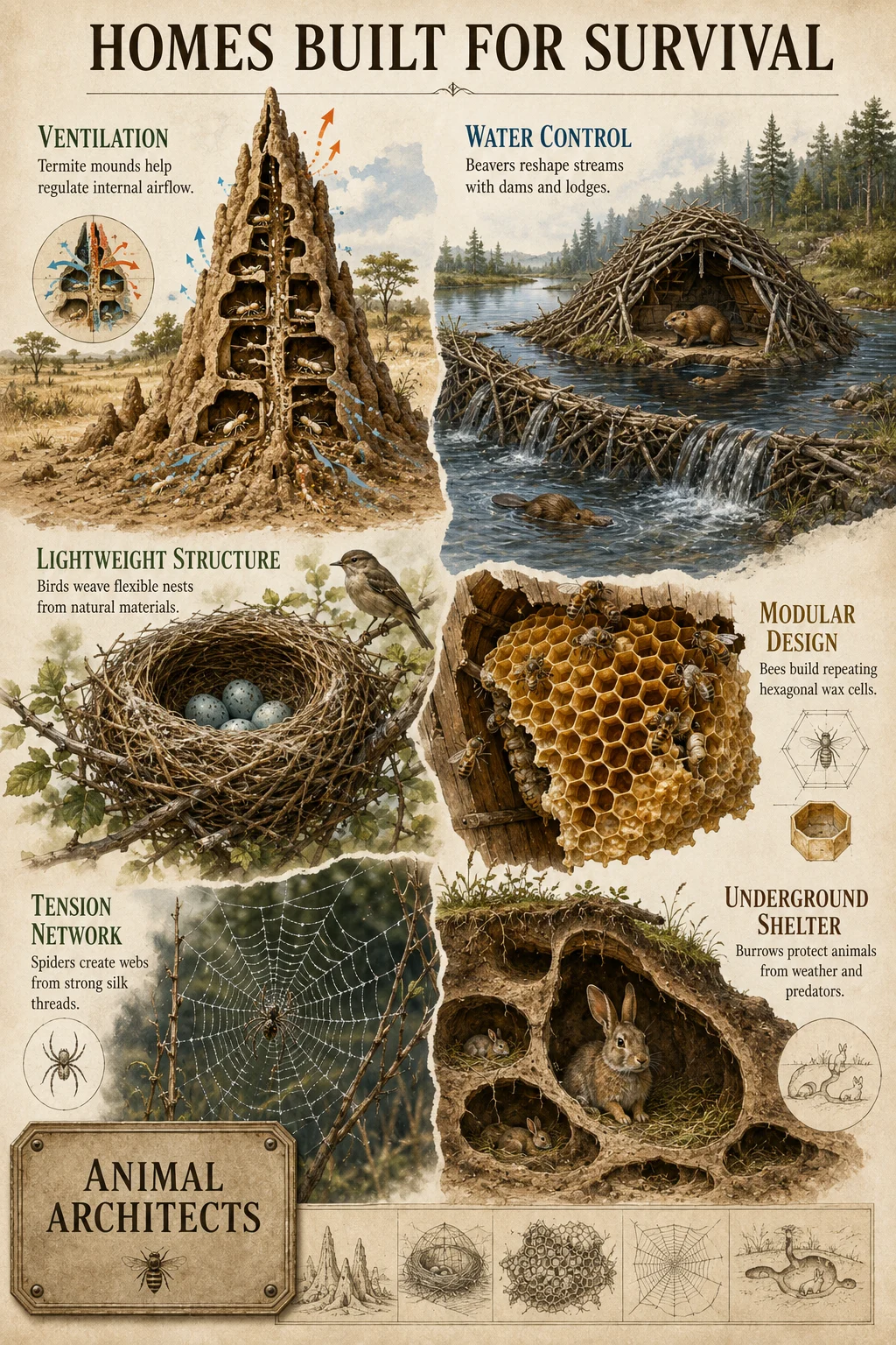 Museum-style educational poster comparing six animal homes with parchment textures, cutaways, and labels for ventilation, water control, structure, and shelter.