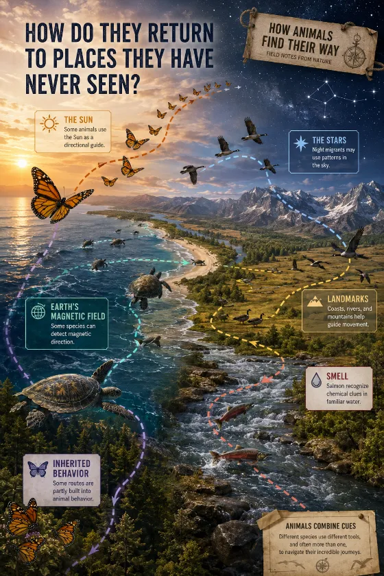 Educational migration map showing butterflies, turtles, geese, and salmon on different curved routes with six navigation clues placed across open natural regions.
