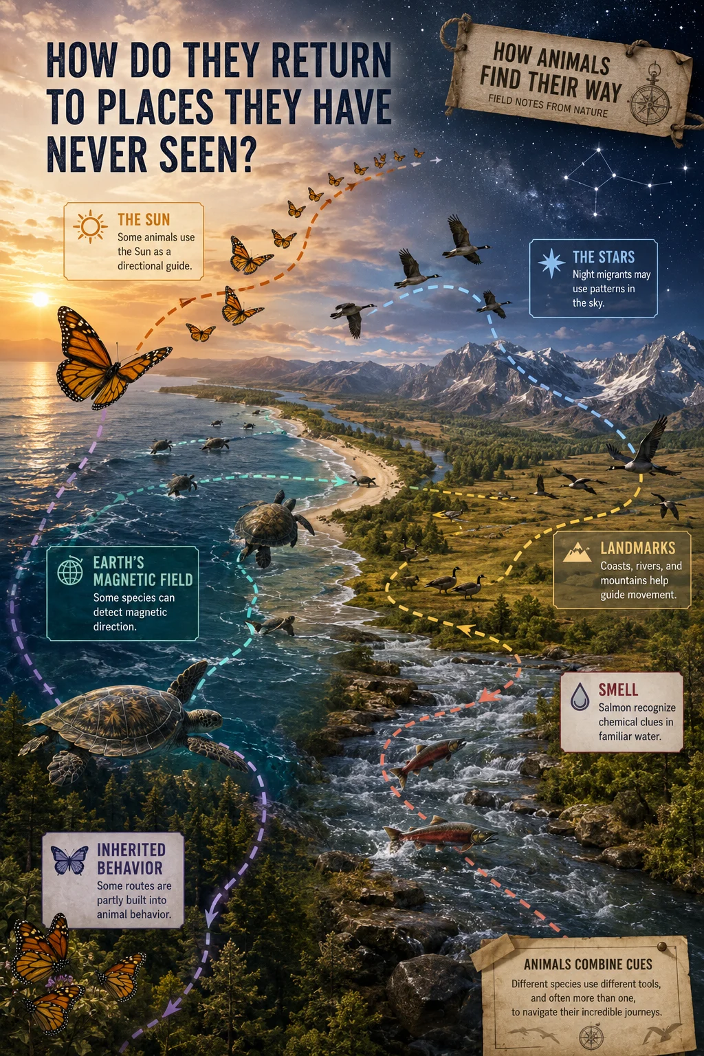 Educational migration map showing butterflies, turtles, geese, and salmon on different curved routes with six navigation clues placed across open natural regions.