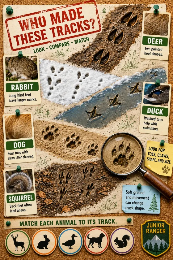 Educational animal-tracks board with five crossing trails, realistic ground textures, clue tags, silhouette tokens, and a magnifying-glass observation tool.
