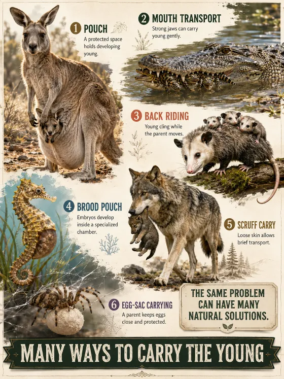 Natural-history wall with six animal parents using distinct carrying methods, varied specimen scales, glossary labels, and a museum ribbon title.