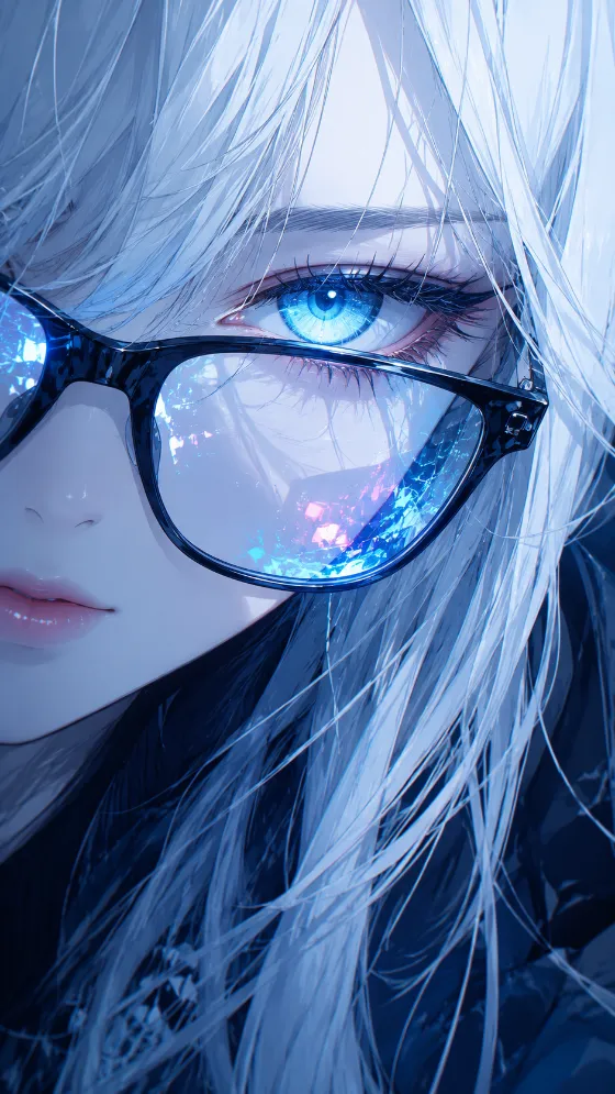 Anime-inspired close-up portrait with silver-white hair, black glasses, and a luminous cyan-blue eye.