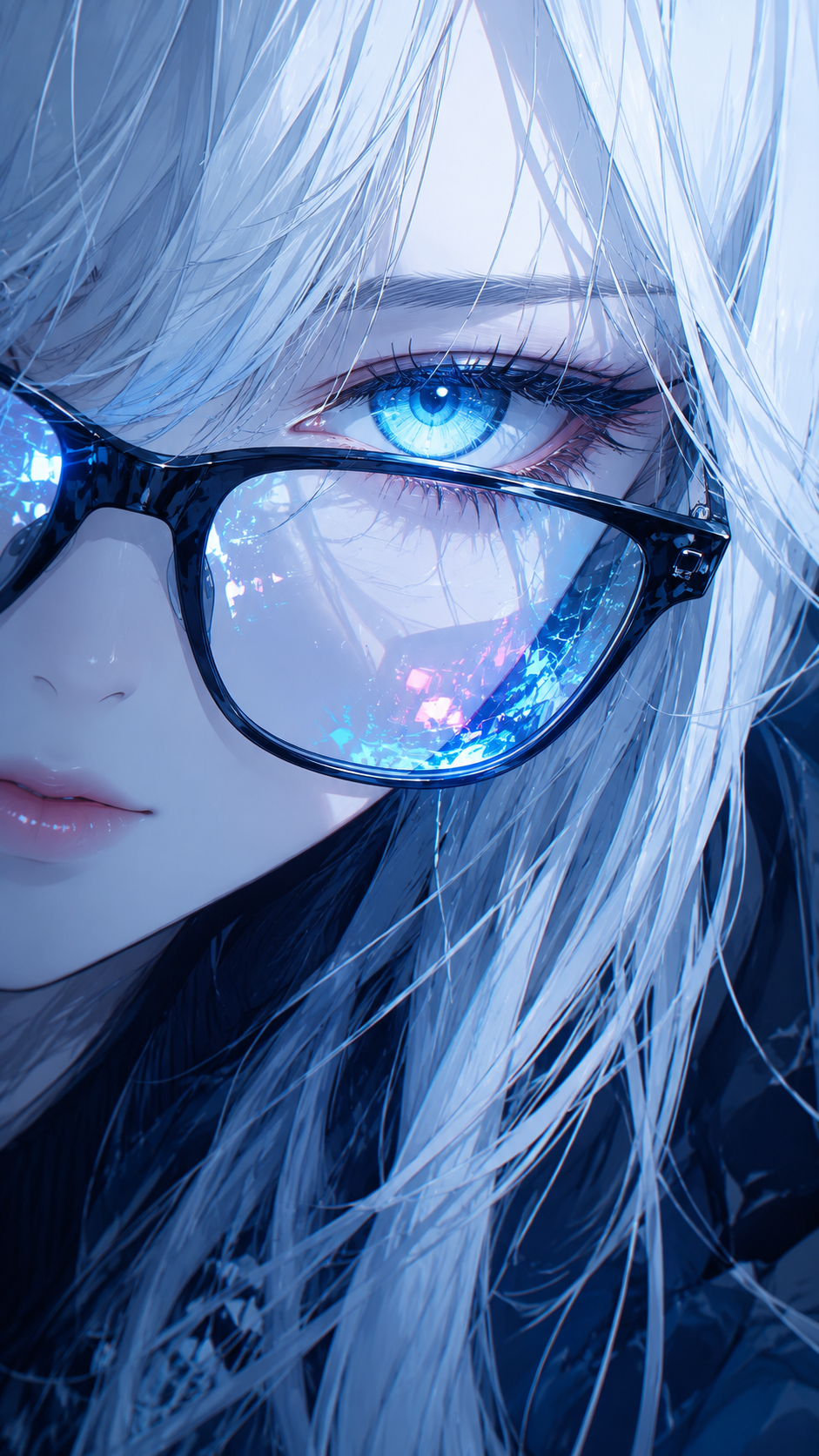 Anime-inspired close-up portrait with silver-white hair, black glasses, and a luminous cyan-blue eye.