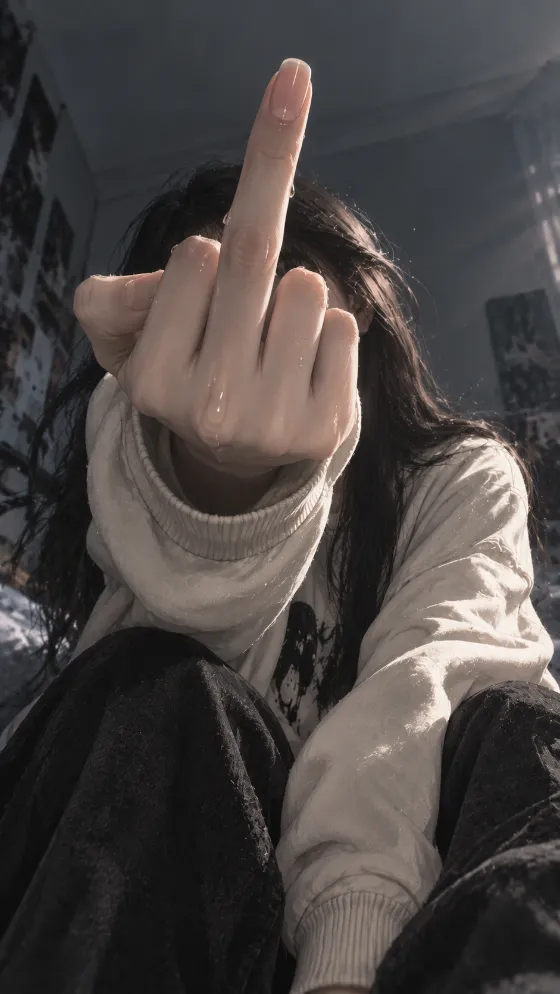 Anime-inspired portrait with a large foreground hand making a raised-middle-finger gesture against a softly blurred dark interior.