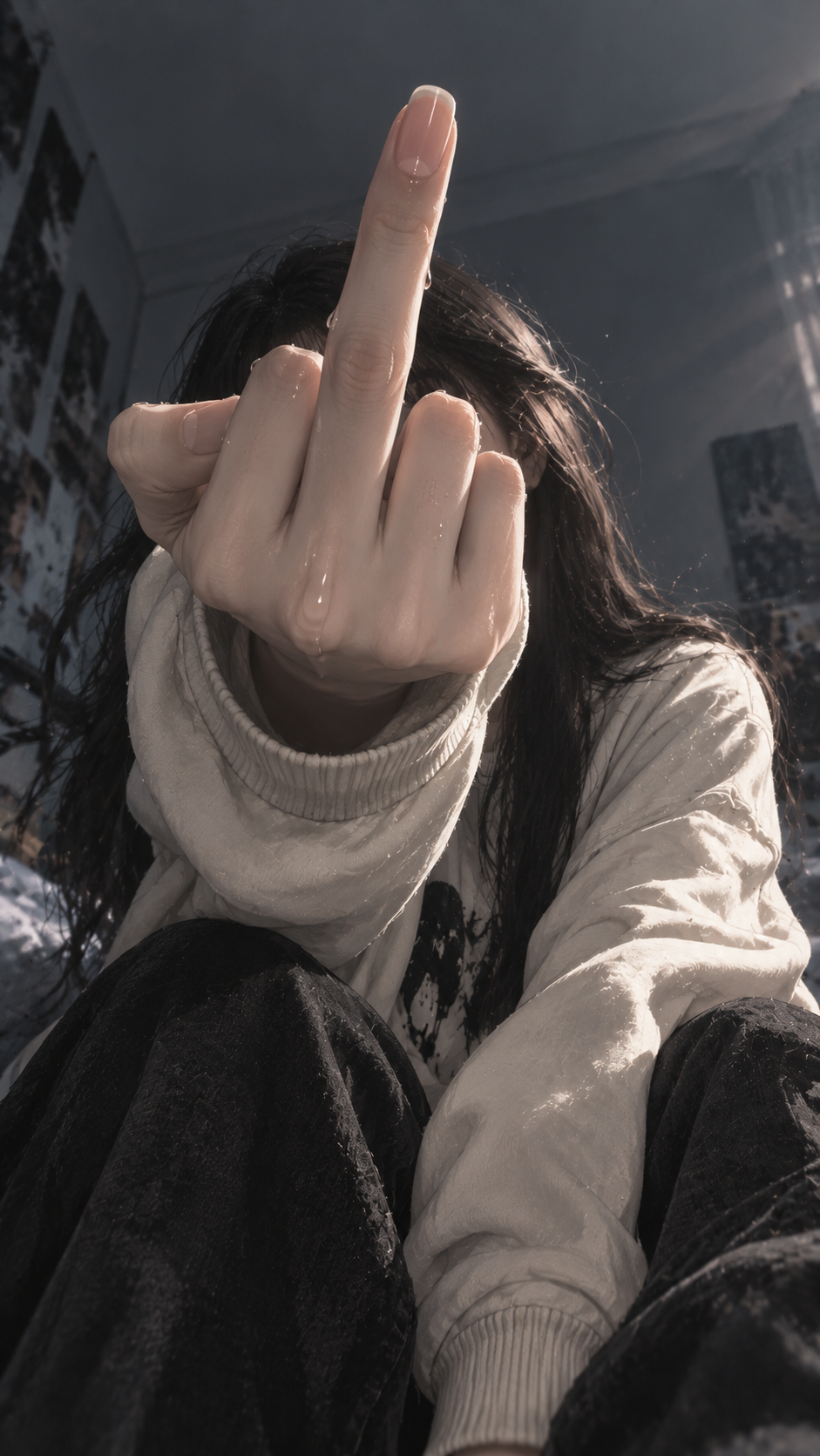 Anime-inspired portrait with a large foreground hand making a raised-middle-finger gesture against a softly blurred dark interior.