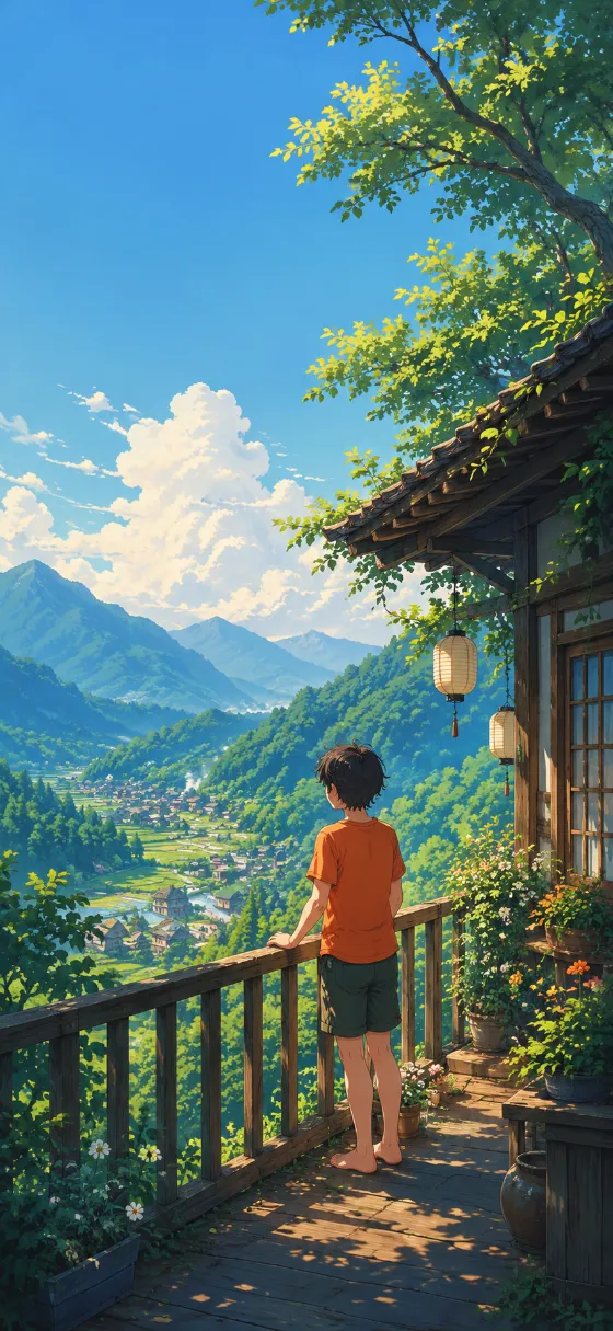 Anime-style boy on a wooden mountain balcony looking across a green valley, blue mountains, leafy trees, lanterns, and summer clouds.