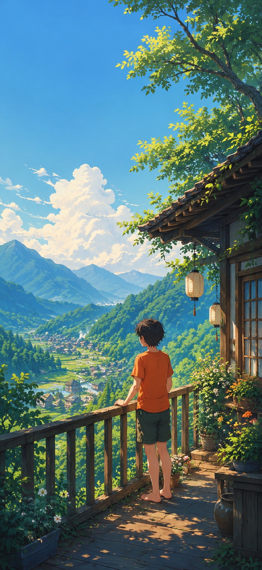 Anime-style boy on a wooden mountain balcony looking across a green valley, blue mountains, leafy trees, lanterns, and summer clouds.