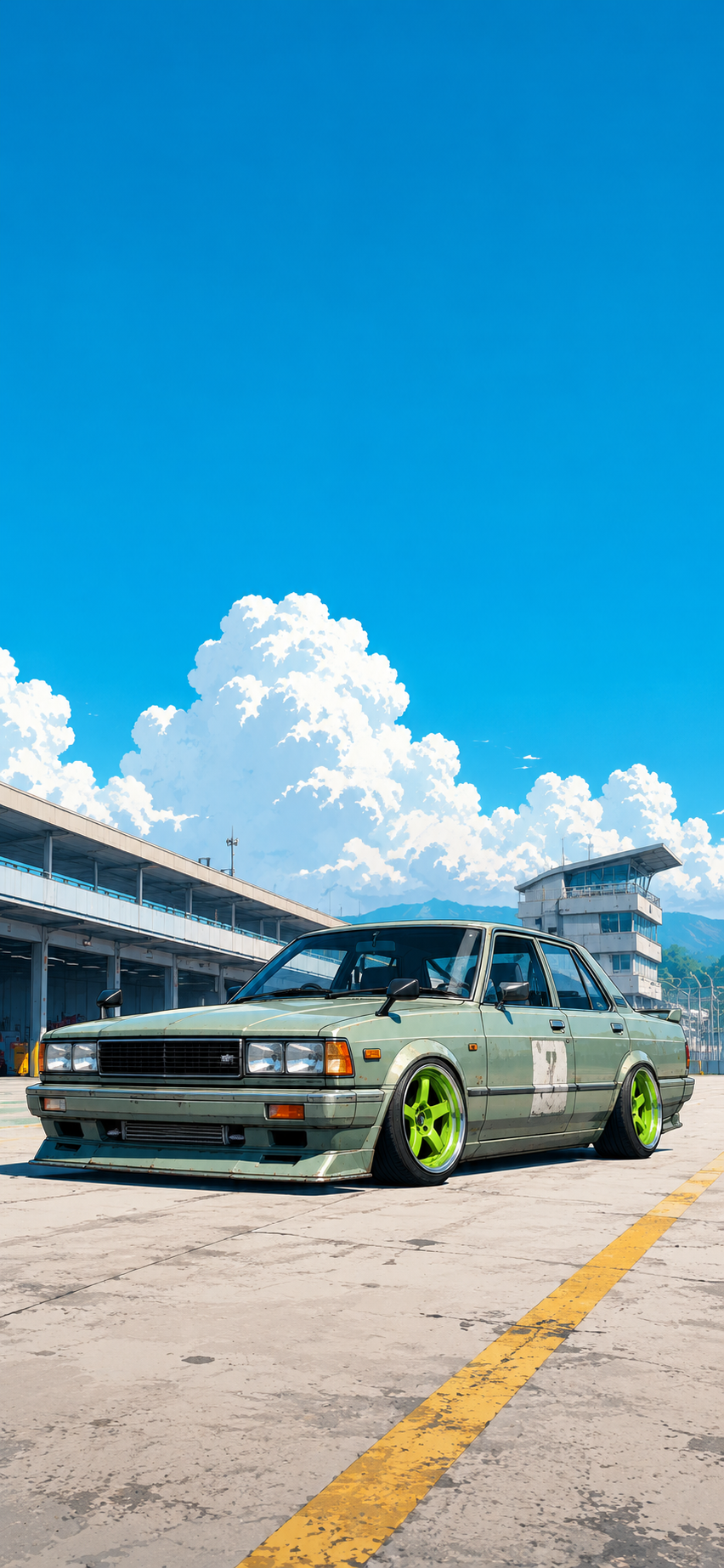 Anime-style modified vintage sedan parked low in a bright racetrack paddock beneath a wide blue sky and white clouds.