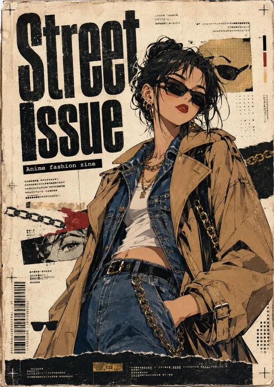 Anime fashion zine cover with stylized character art, rough typography, cream paper texture, and graphic print details.