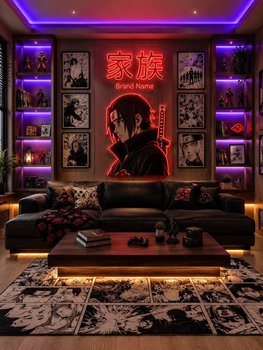 Neon anime-inspired living room with charcoal sofa, display shelves, collectibles, and graphic rug.