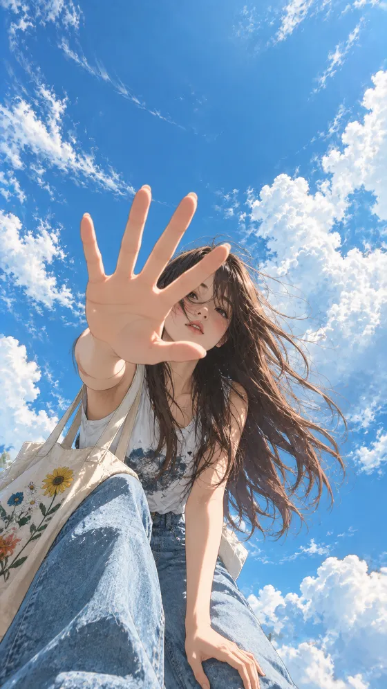 Anime-style young woman raising an open hand toward the viewer beneath a bright blue sky with soft white clouds.