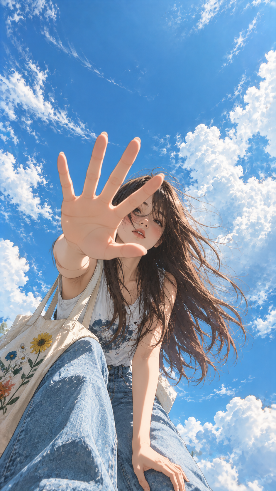 Anime-style young woman raising an open hand toward the viewer beneath a bright blue sky with soft white clouds.