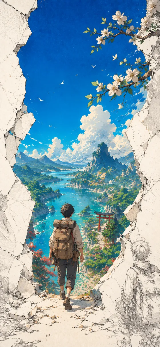 Vertical anime wallpaper of a traveler entering a colorful coastal valley through a fractured white paper opening with clouds, blossoms, and a red gate.