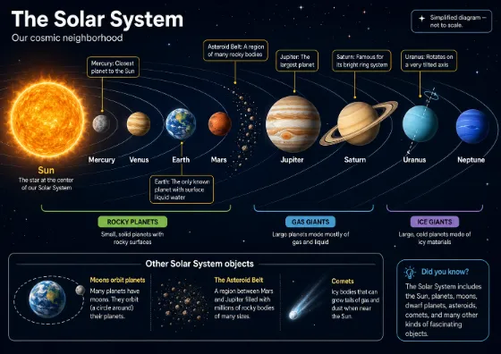 Beginner Solar System diagram with ordered planets, group labels, fact callouts, and simplified scale note.